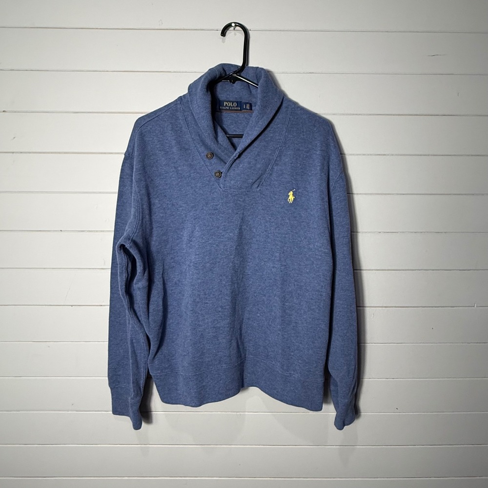 Polo Ralph Lauren Mens Blue Cotton Shawl Collar Pullover Sweater Large Pony Logo